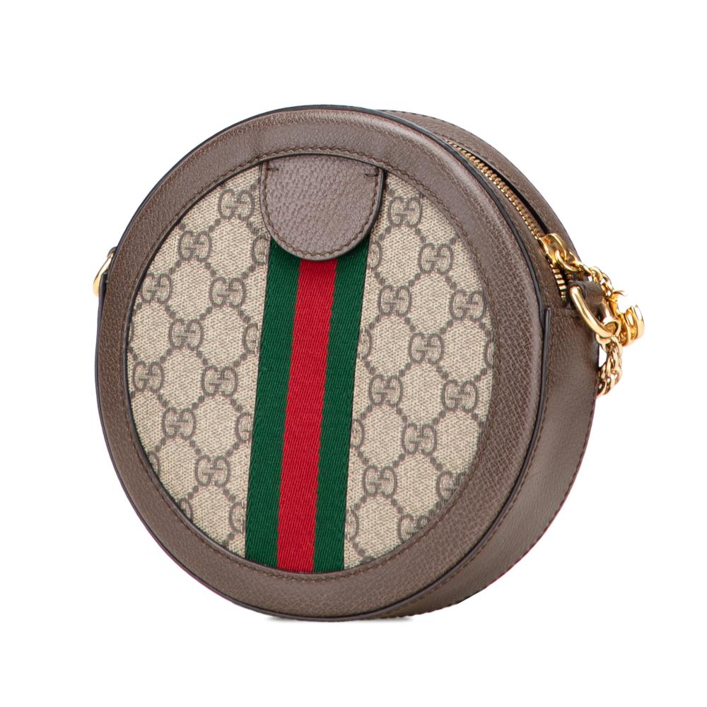 Gucci AB Gucci Brown Beige Coated Canvas Fabric Mini GG Supreme Round Ophidia Crossbody Italy