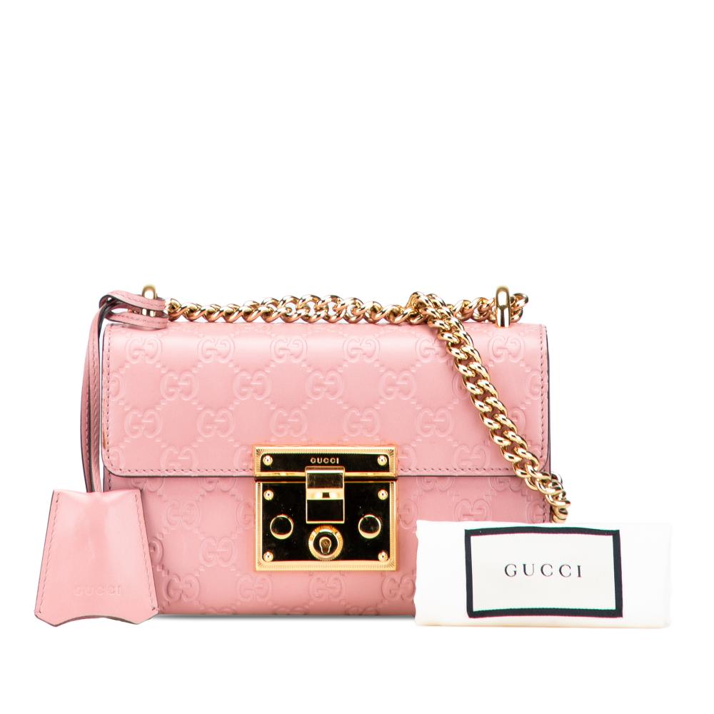 Gucci B Gucci Pink Calf Leather Small Guccissima Padlock Crossbody Italy