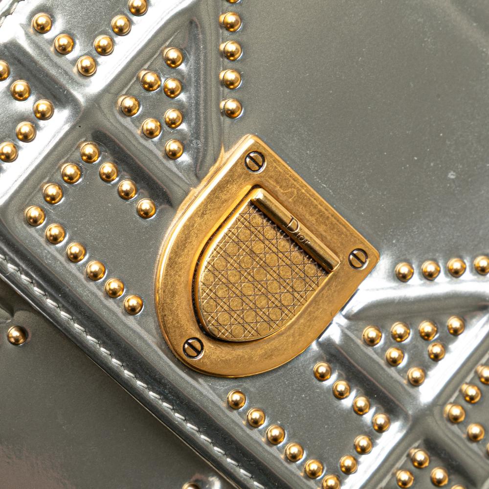 Christian Dior B Dior Silver Calf Leather Metallic Studded skin Vertical Diorama Italy