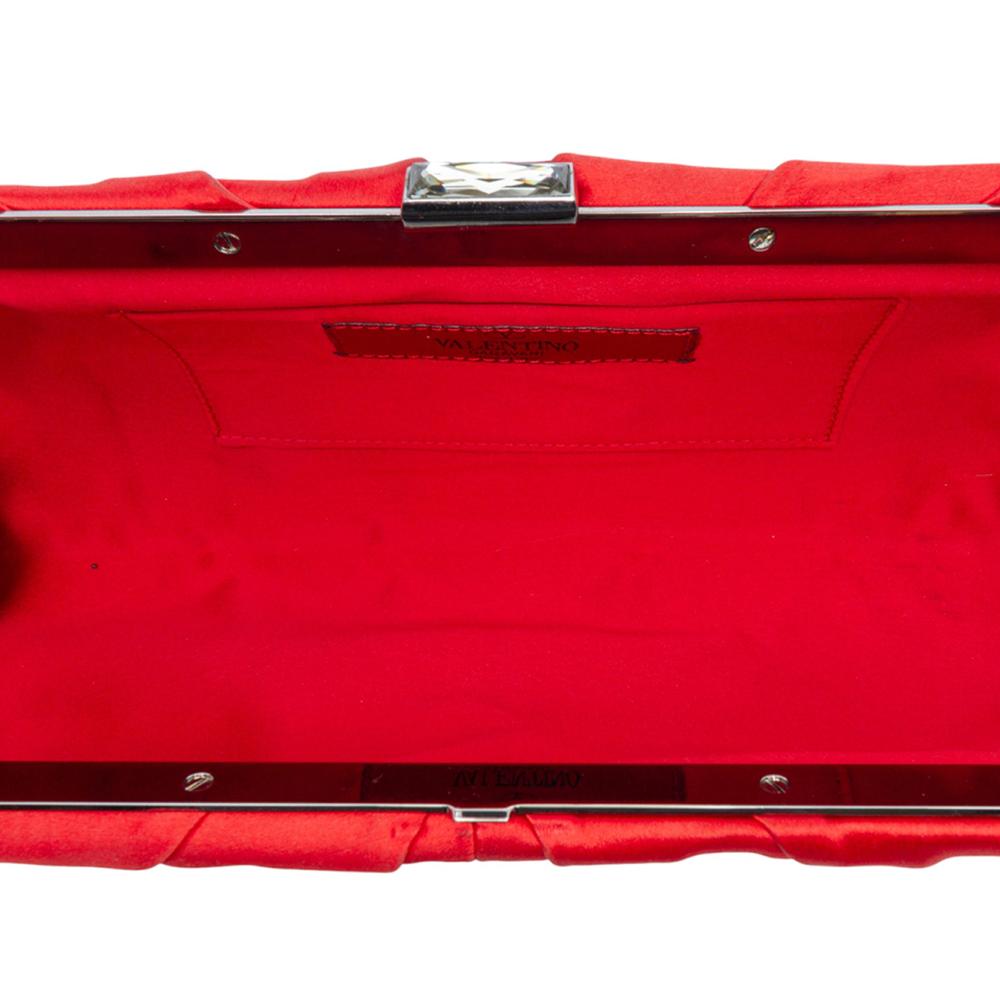 Valentino B Valentino Red Satin Fabric Pleated Chain Evening Clutch Italy