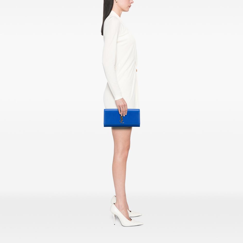 Saint Laurent AB Saint Laurent Blue Calf Leather Grain de Poudre Monogram Cassandre Clutch Italy