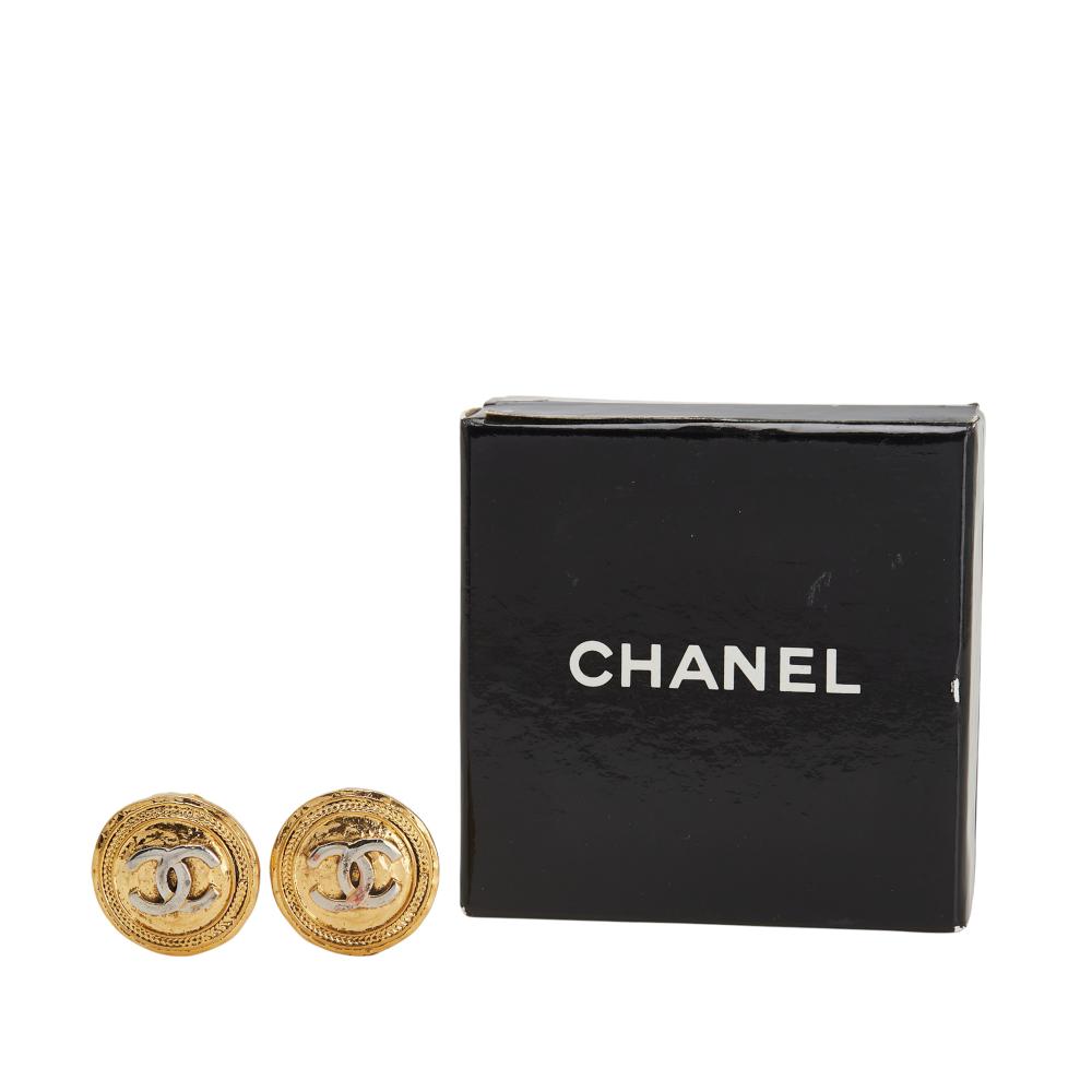 Chanel B Chanel Gold with Silver Gold Plated Metal and Silver Plated CC Round Clip On Earrings France