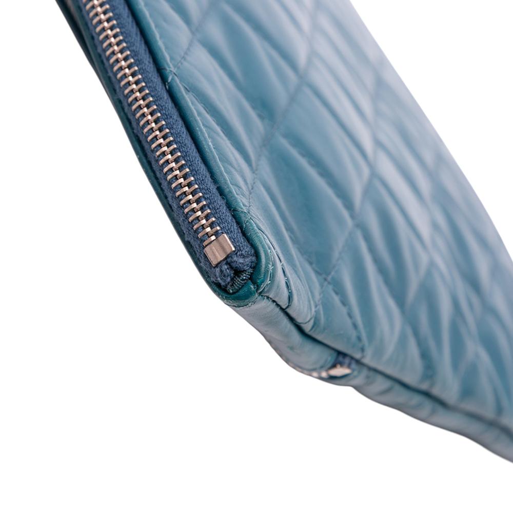 Chanel B Chanel Blue Peacock Lambskin Leather Leather CC Quilted Lambskin Multi Zip Clutch Italy