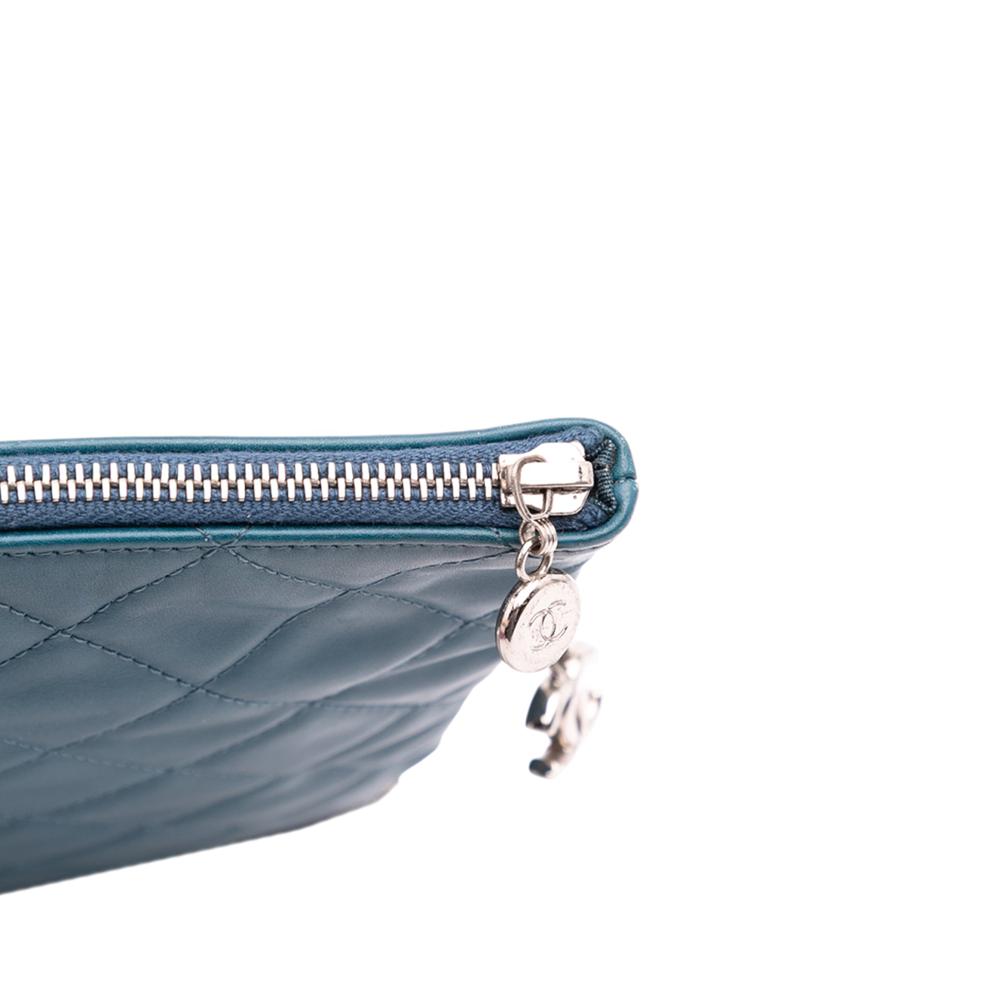Chanel B Chanel Blue Peacock Lambskin Leather Leather CC Quilted Lambskin Multi Zip Clutch Italy