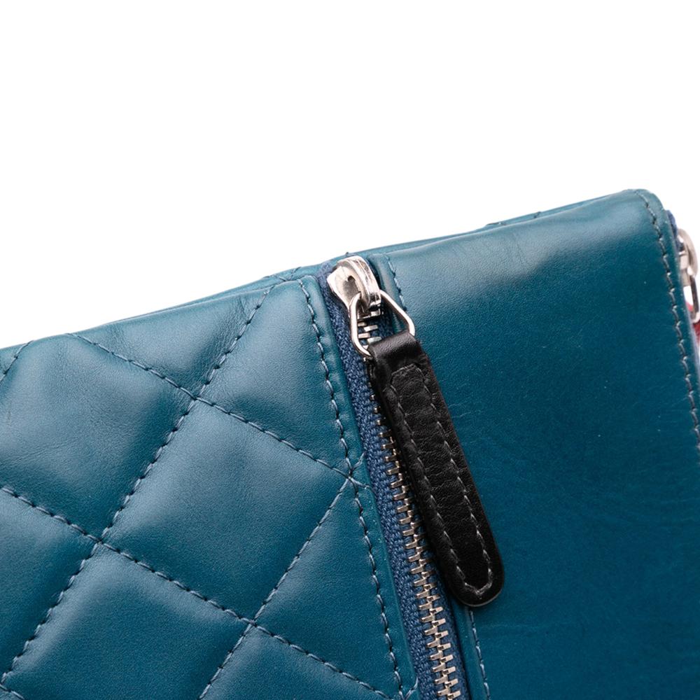 Chanel B Chanel Blue Peacock Lambskin Leather Leather CC Quilted Lambskin Multi Zip Clutch Italy