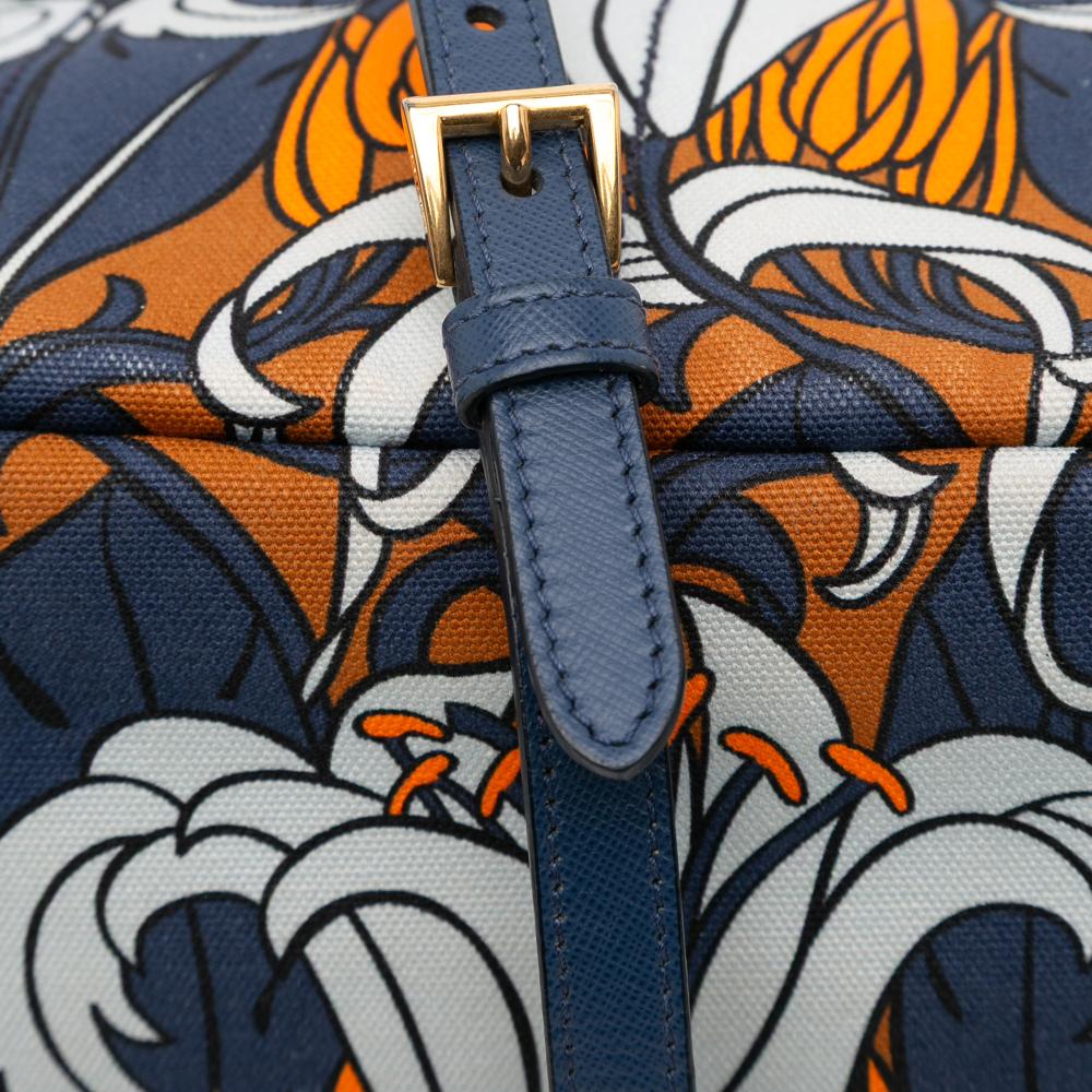 Prada B Prada Blue with Multi Canvas Fabric Small Floral Printed Canapa Satchel Italy