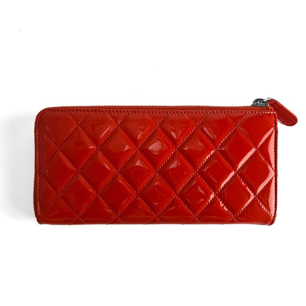 Chanel CC Quilted Patent Leather Long Zip Around Wallet Coral Red