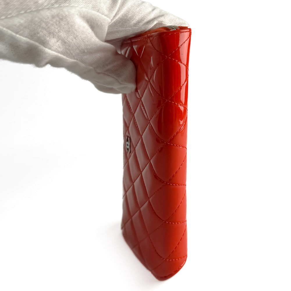 Chanel CC Quilted Patent Leather Long Zip Around Wallet Coral Red