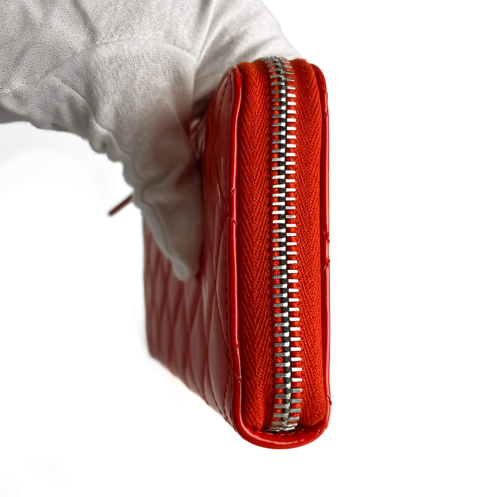 Chanel CC Quilted Patent Leather Long Zip Around Wallet Coral Red