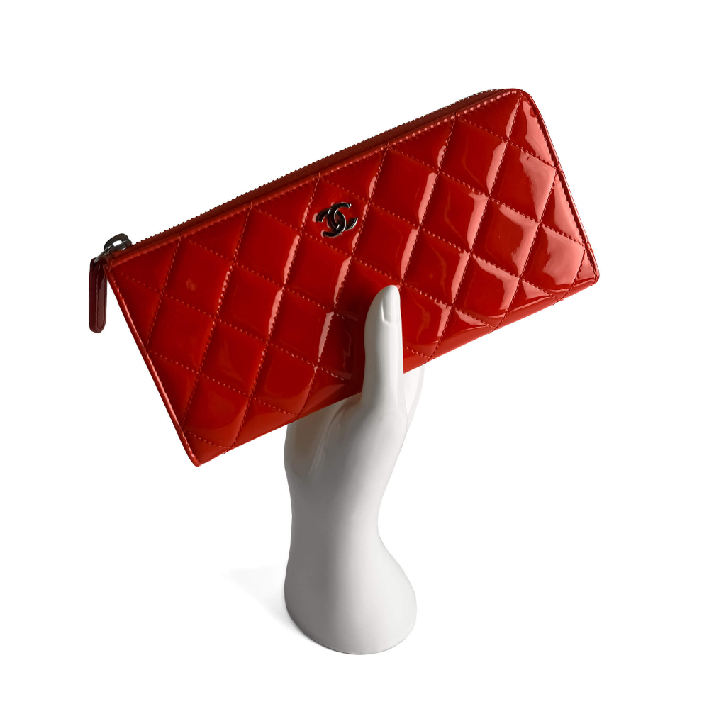 Chanel CC Quilted Patent Leather Long Zip Around Wallet Coral Red