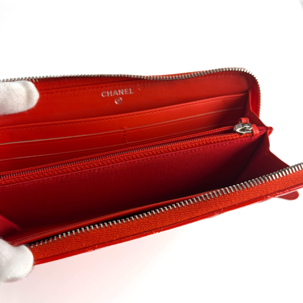 Chanel CC Quilted Patent Leather Long Zip Around Wallet Coral Red
