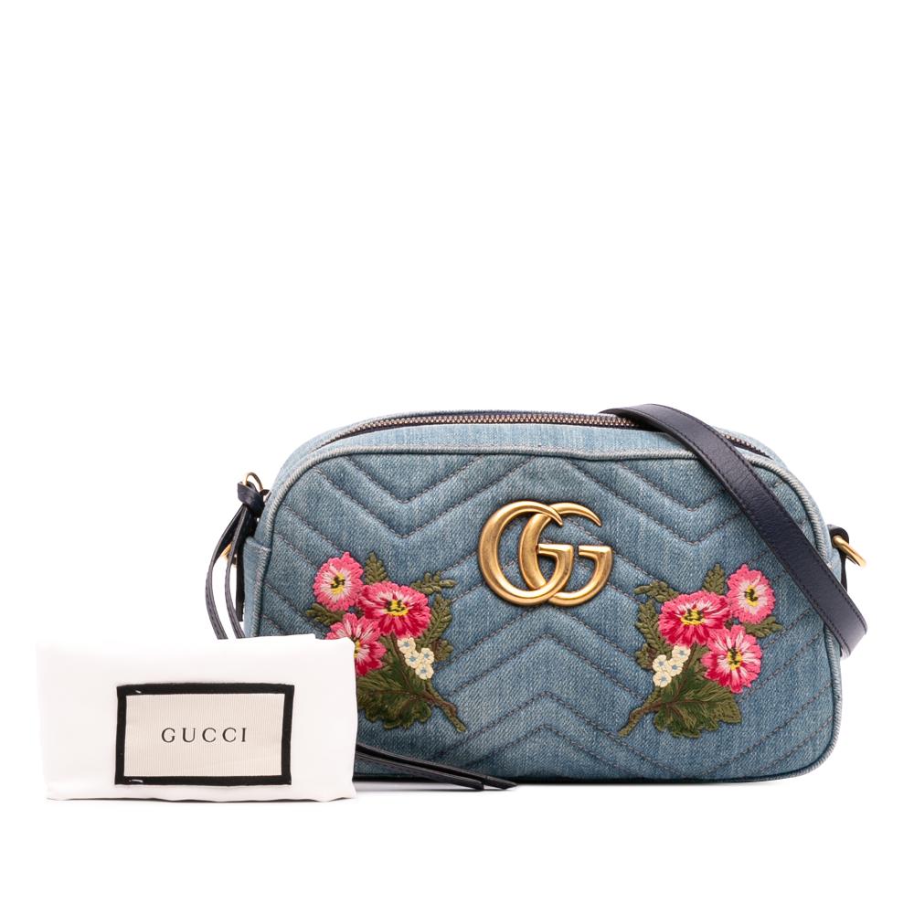 Gucci B Gucci Blue Denim Denim Fabric Small GG Marmont Embroidered Matelasse Crossbody Italy