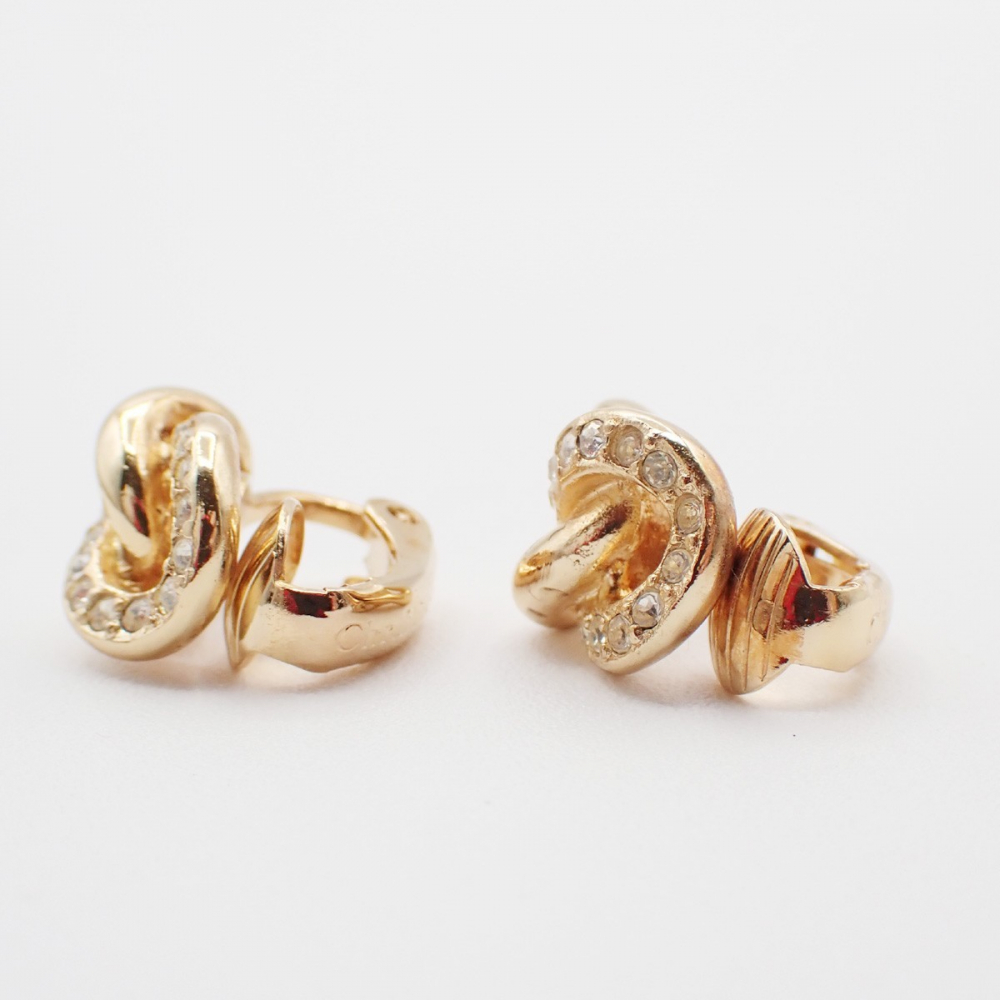 Christian Dior CD Logo Rhinestone Drop Earrings Clip-On Gold Plated