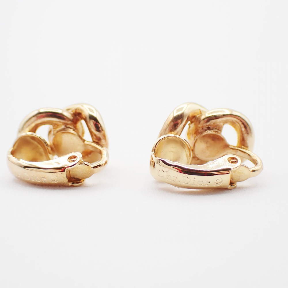 Christian Dior CD Logo Rhinestone Drop Earrings Clip-On Gold Plated