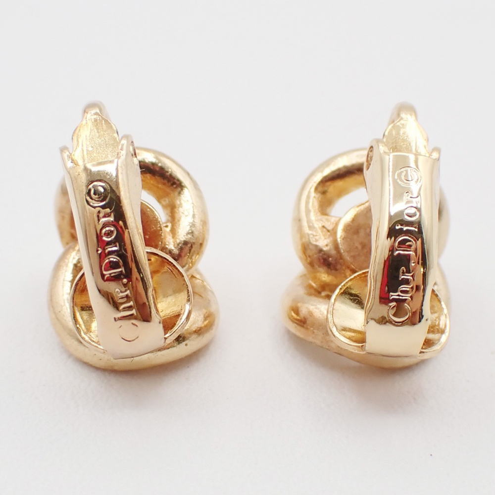 Christian Dior CD Logo Rhinestone Drop Earrings Clip-On Gold Plated