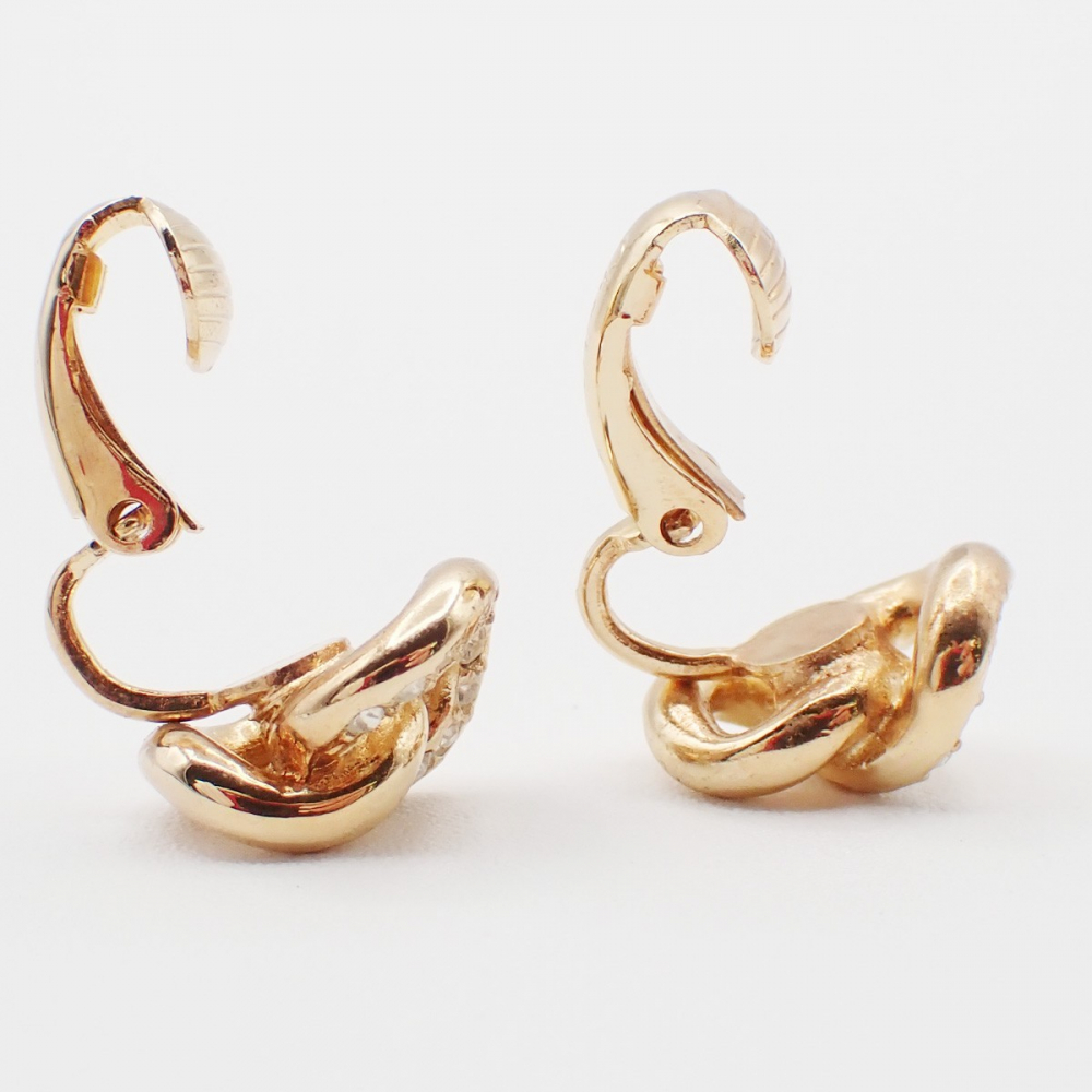 Christian Dior CD Logo Rhinestone Drop Earrings Clip-On Gold Plated