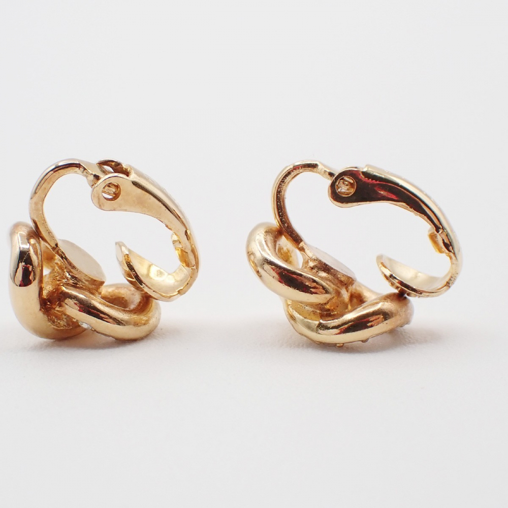 Christian Dior CD Logo Rhinestone Drop Earrings Clip-On Gold Plated