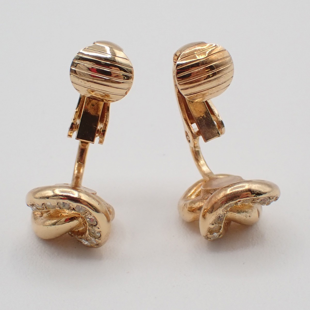 Christian Dior CD Logo Rhinestone Drop Earrings Clip-On Gold Plated