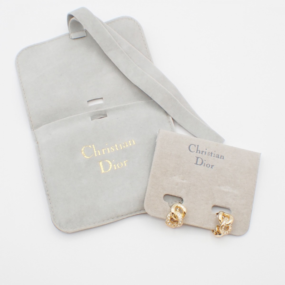 Christian Dior CD Logo Rhinestone Drop Earrings Clip-On Gold Plated