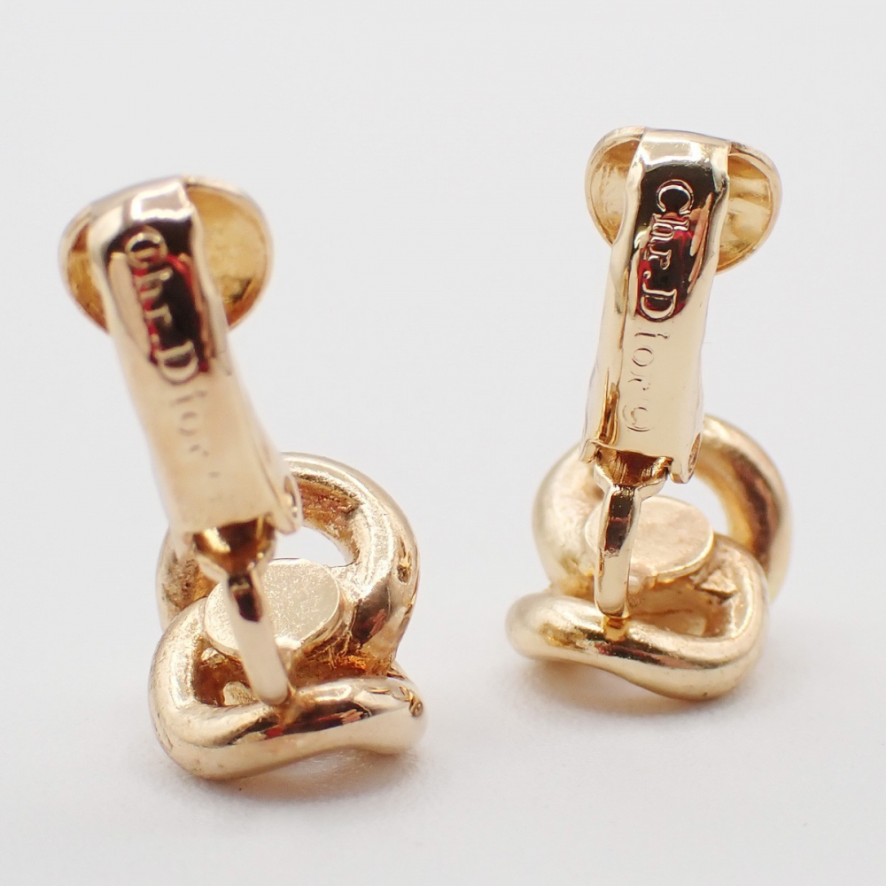 Christian Dior CD Logo Rhinestone Drop Earrings Clip-On Gold Plated