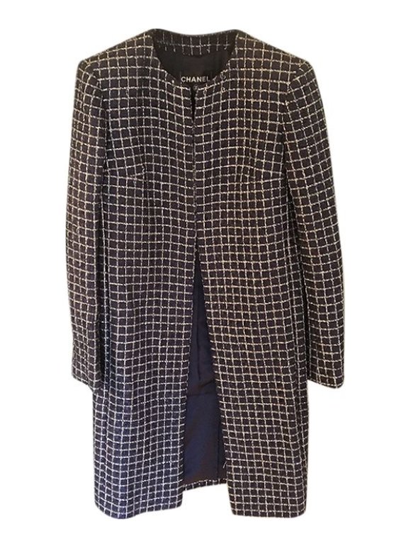 Chanel Marineblauer Tweed-Mantel mit Windowpane-Karo