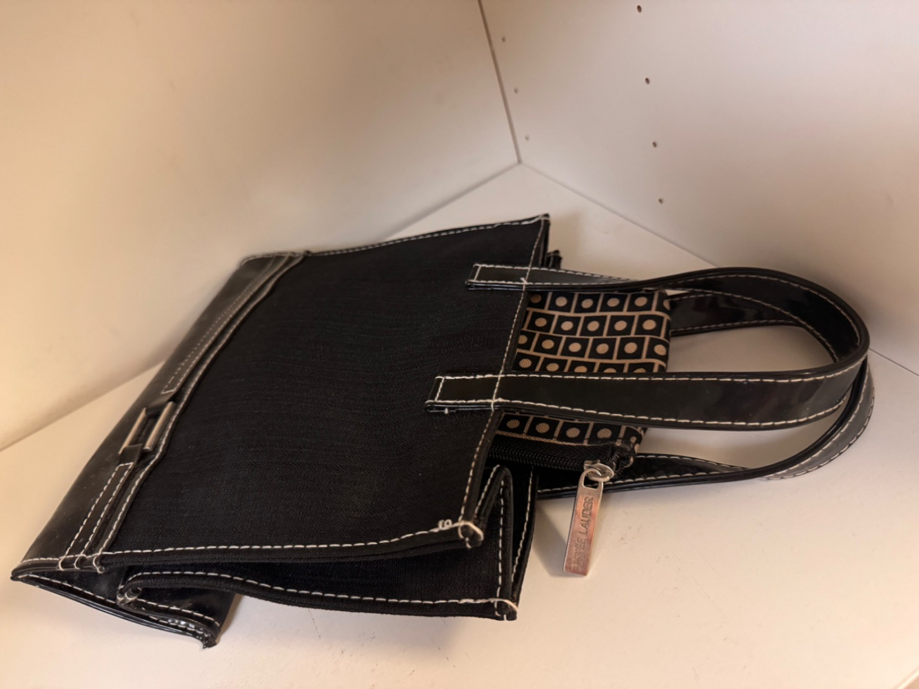 Marimekko for Estée Lauder black Patent handbag with interior separate pochette