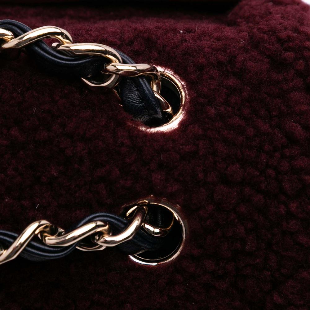 Chanel AB Chanel Red Bordeaux Shearling Natural Material Medium Tricolor CC Quilted Single Flap France