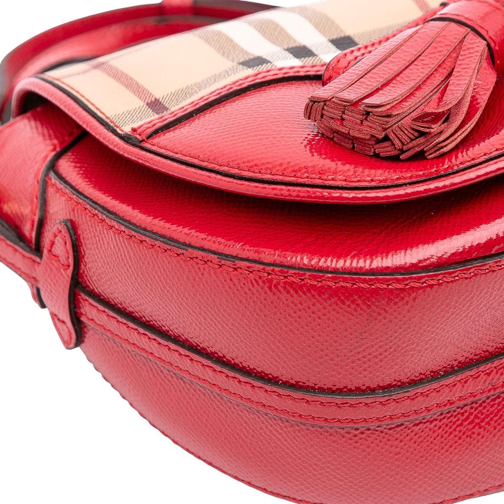Burberry B Burberry Red Patent Leather Leather and Haymarket Check Coated Canvas Maydown Crossbody Italy