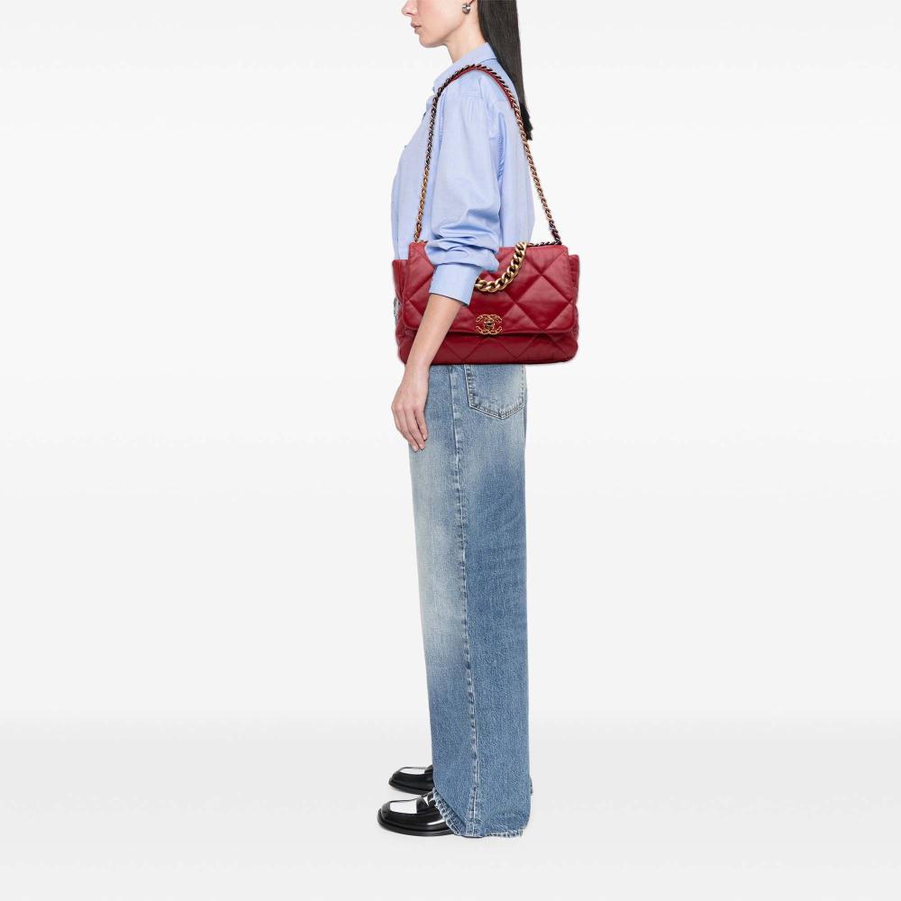 Chanel B Chanel Red Lambskin Leather Leather Maxi Lambskin 19 Flap Italy