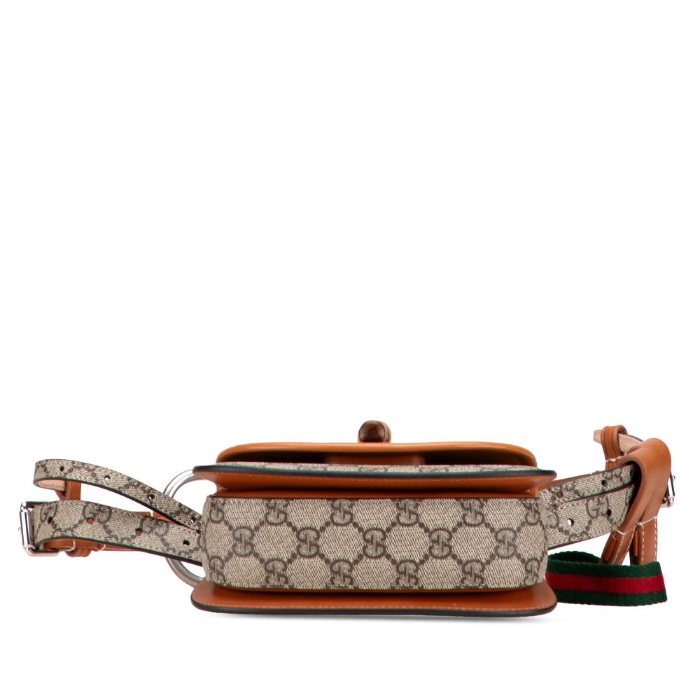 Gucci AB Gucci Brown Beige Coated Canvas Fabric Mini GG Supreme Web Bamboo 1947 Belt Bag Italy