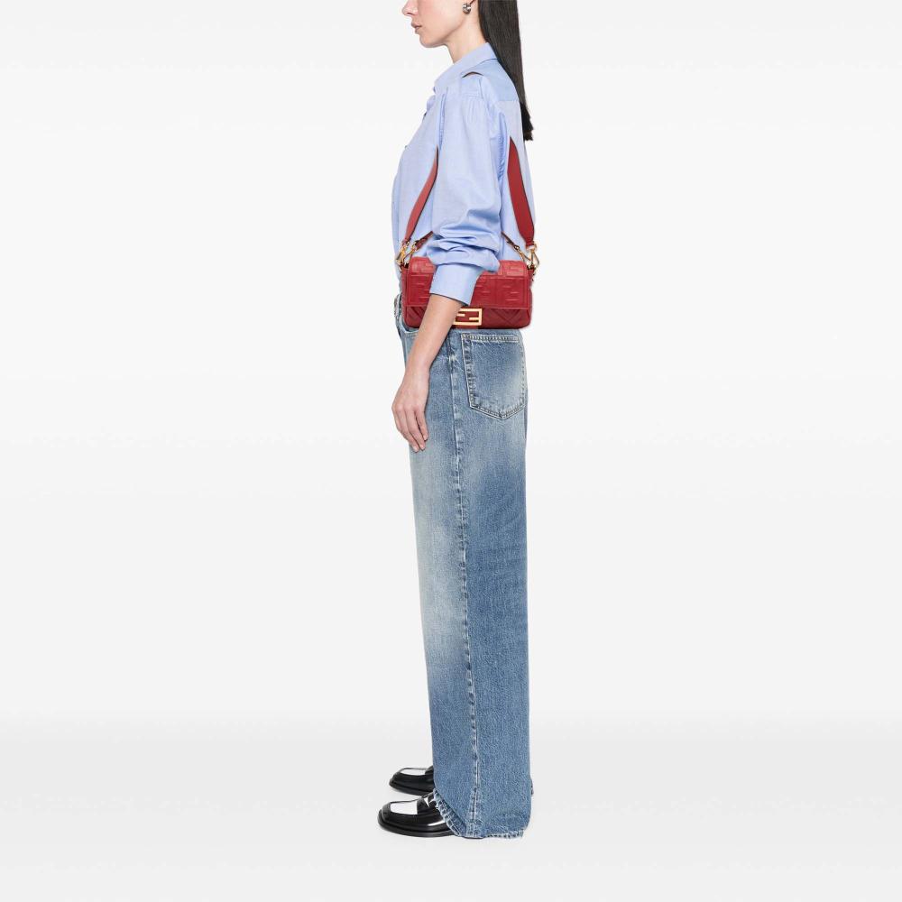 Fendi B Fendi Red Calf Leather Zucca Embossed Baguette Satchel Italy