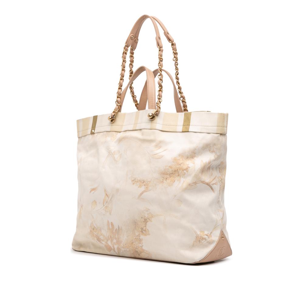 Chanel B Chanel Brown Beige Canvas Fabric Floral Shopping Tote France