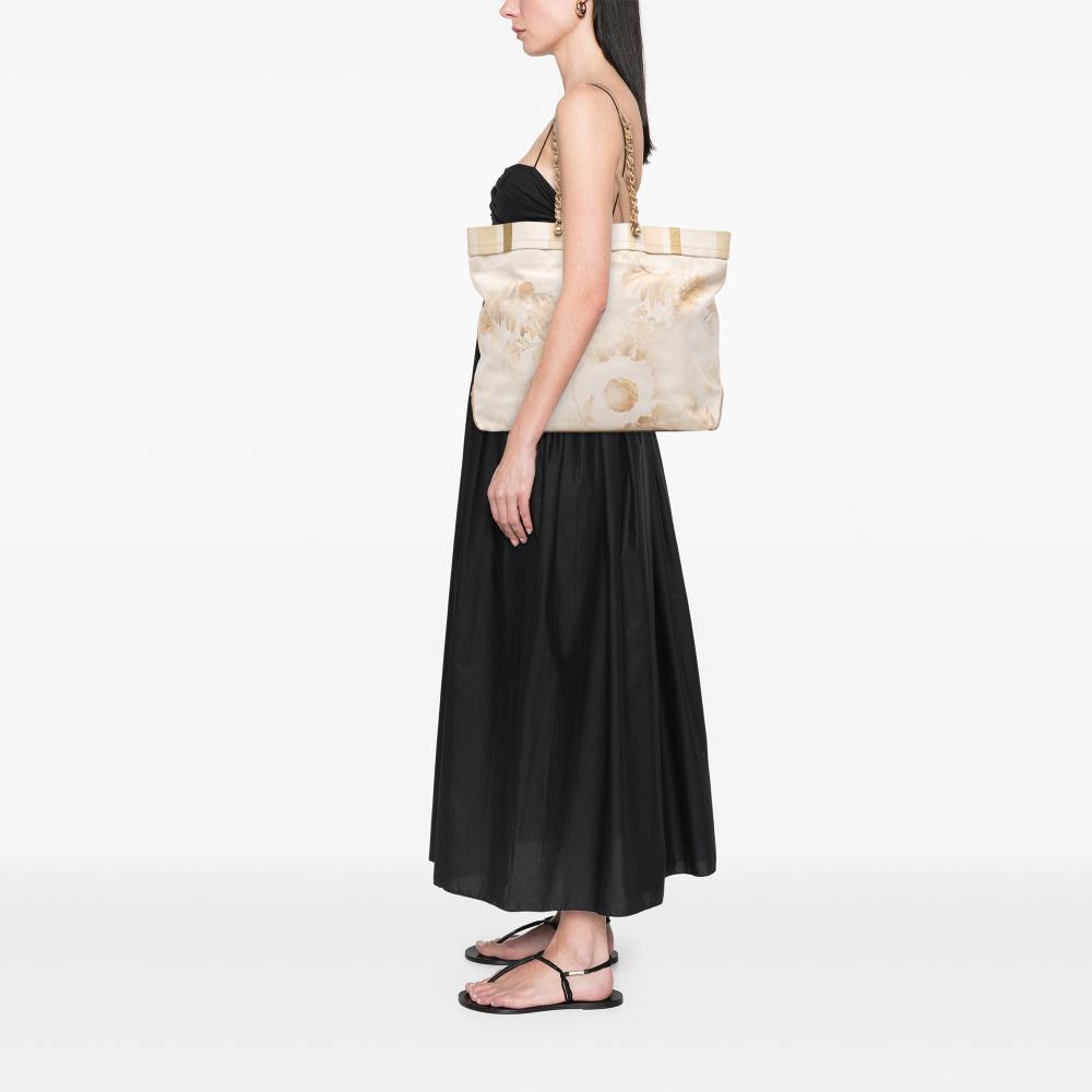 Chanel B Chanel Brown Beige Canvas Fabric Floral Shopping Tote France