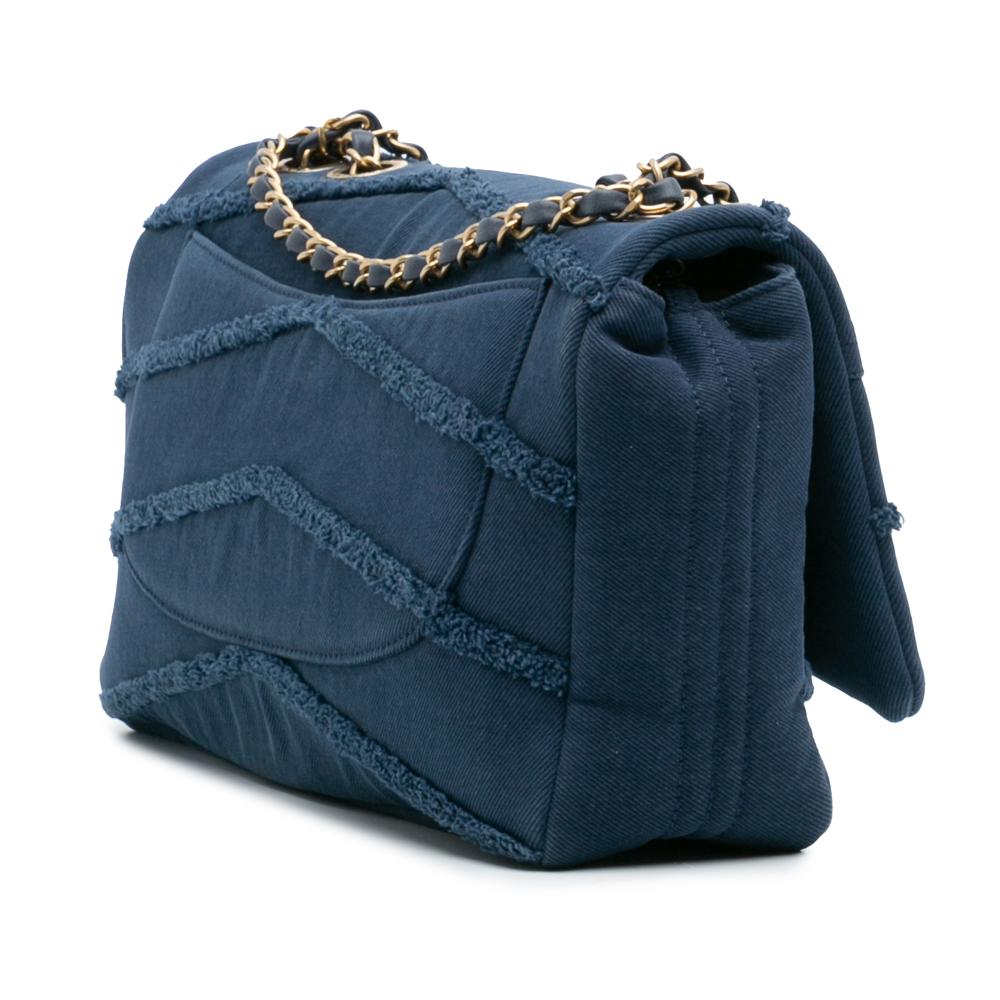 Chanel B Chanel Blue Denim Fabric Jumbo Chevron Fringe Coco Flap France