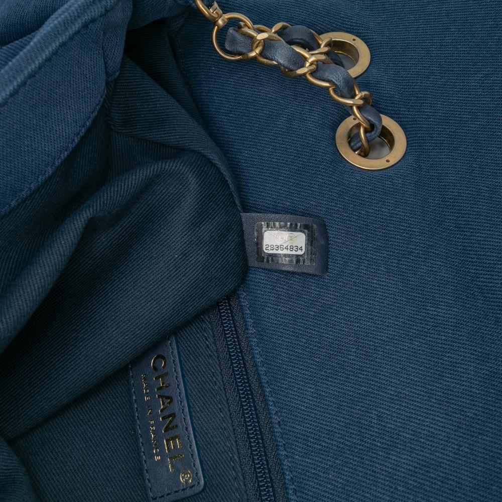 Chanel B Chanel Blue Denim Fabric Jumbo Chevron Fringe Coco Flap France