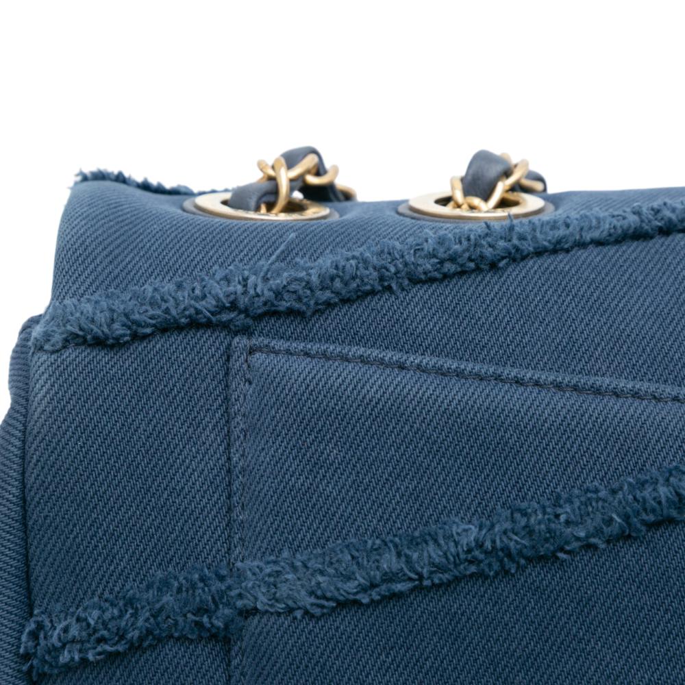 Chanel B Chanel Blue Denim Fabric Jumbo Chevron Fringe Coco Flap France