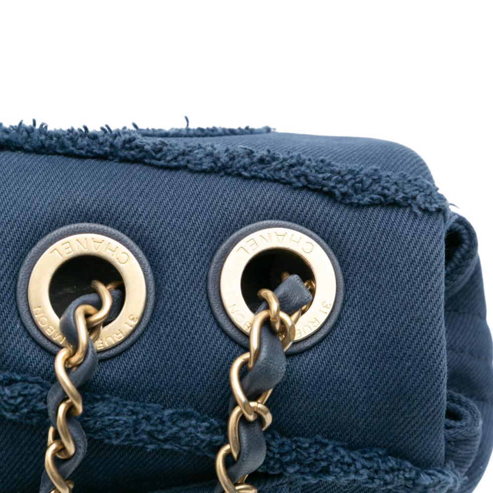 Chanel B Chanel Blue Denim Fabric Jumbo Chevron Fringe Coco Flap France
