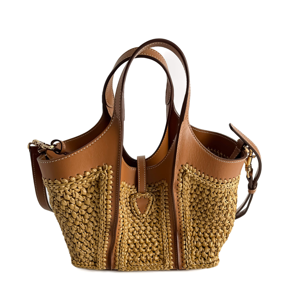 Tod's T Timeless Mini Woven Raffia and Leather Shopper Crossbody Natural brown