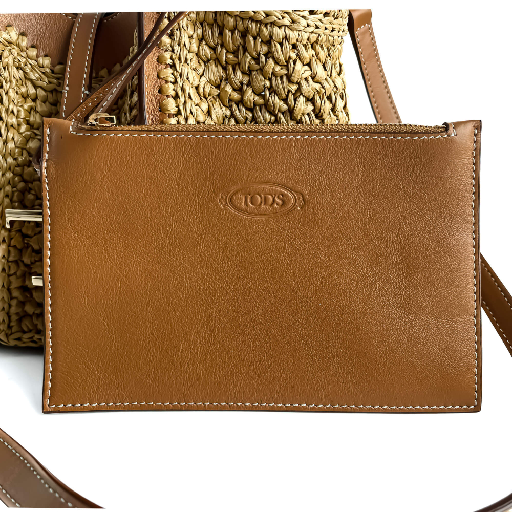 Tod's T Timeless Mini Woven Raffia and Leather Shopper Crossbody Natural brown
