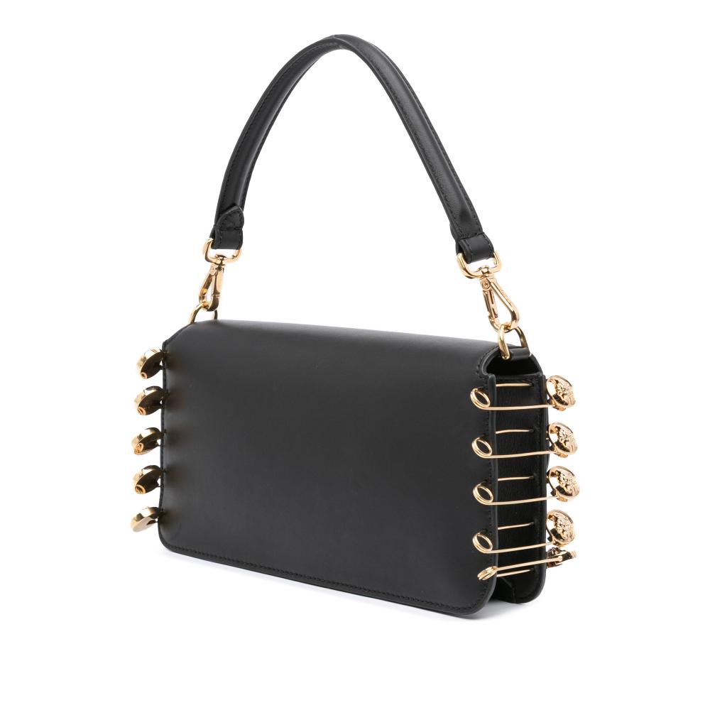 Fendi AB Fendi Black Calf Leather Versace Vitello Seta Fendace Brooch Baguette Satchel Italy