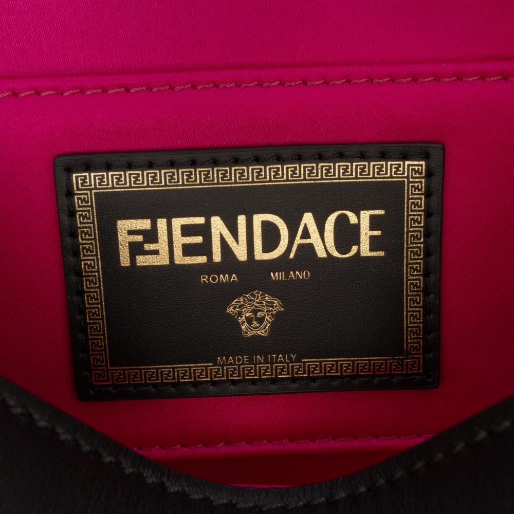 Fendi AB Fendi Black Calf Leather Versace Vitello Seta Fendace Brooch Baguette Satchel Italy