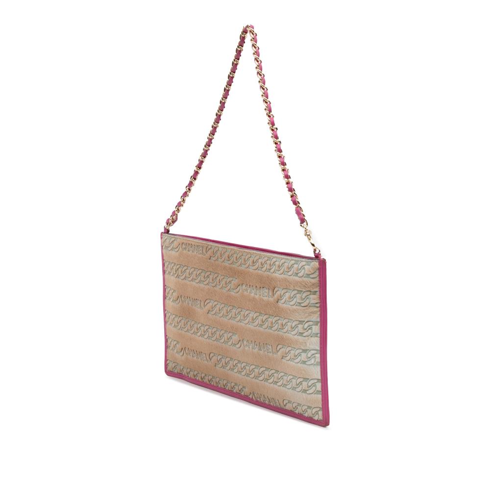 Chanel B Chanel Brown with Pink Hot Pink Calf Leather Pony Hair Logo Chain Pochette Italy