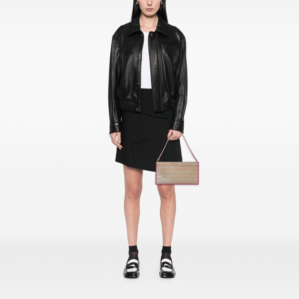 Chanel B Chanel Brown with Pink Hot Pink Calf Leather Pony Hair Logo Chain Pochette Italy