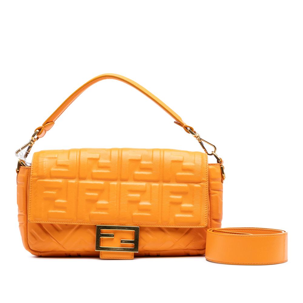 Fendi B Fendi Orange Calf Leather Zucca Embossed Baguette Satchel Italy