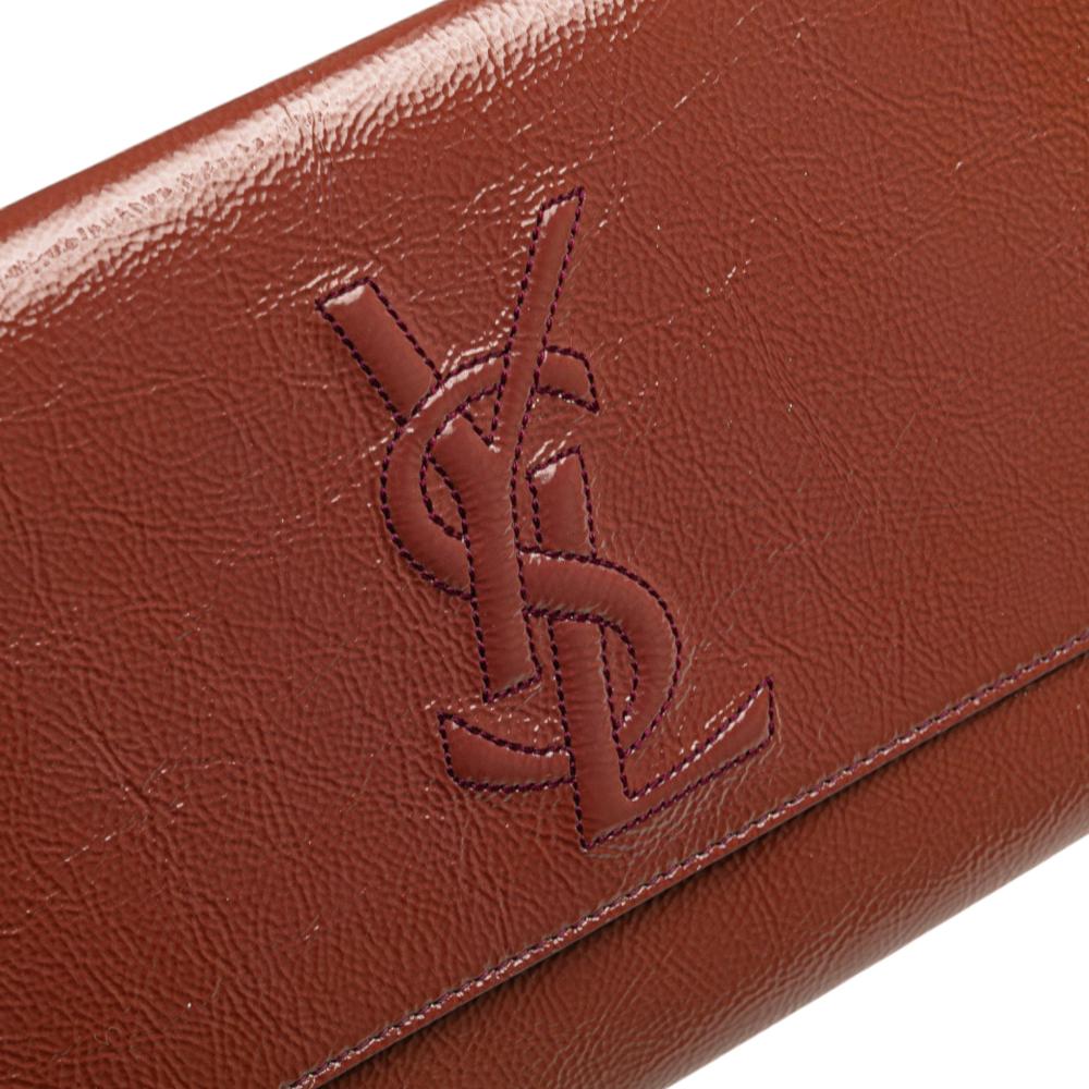 Saint Laurent Brown Patent Leather Leather Large Textured Patent Monogram Belle De Jour Clutch Italy