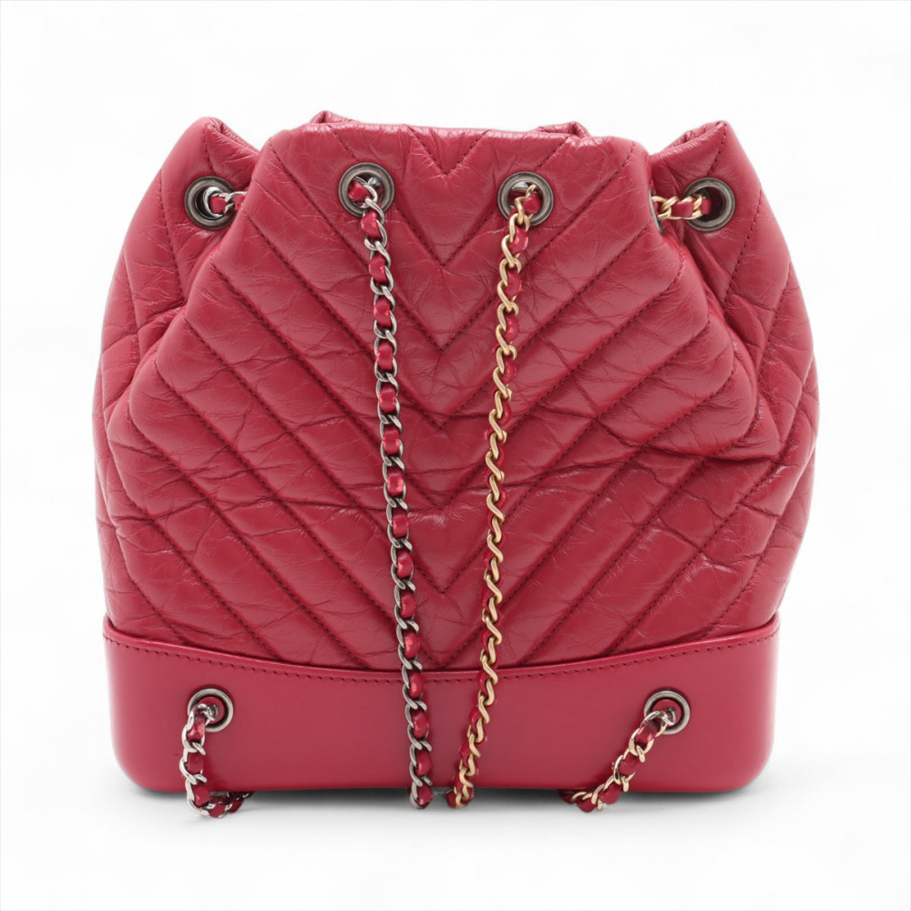 Chanel Gabrielle Matelassè Distressed Calfskin Leather 2-Ways Bucket Backpack Cherry Red