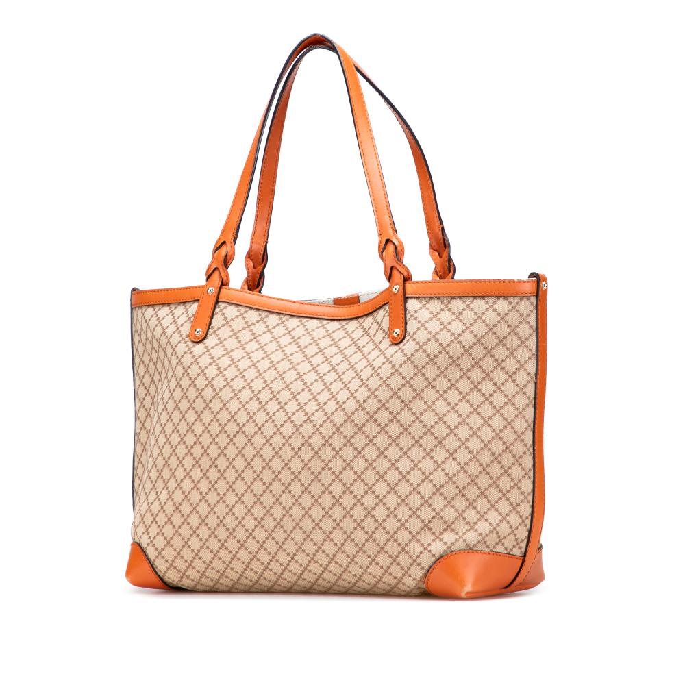 Gucci B Gucci Brown Beige with Orange Canvas Fabric Medium Diamante Craft Tote Italy