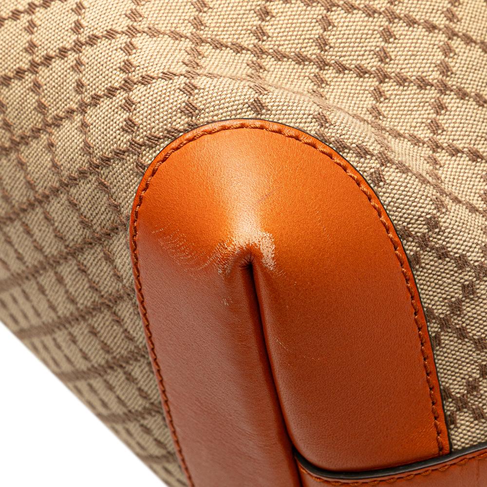 Gucci B Gucci Brown Beige with Orange Canvas Fabric Medium Diamante Craft Tote Italy