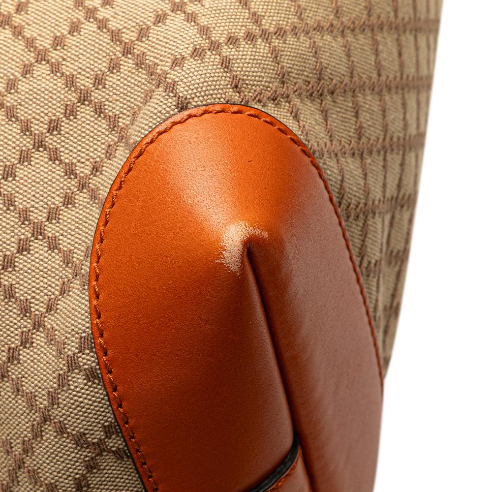 Gucci B Gucci Brown Beige with Orange Canvas Fabric Medium Diamante Craft Tote Italy