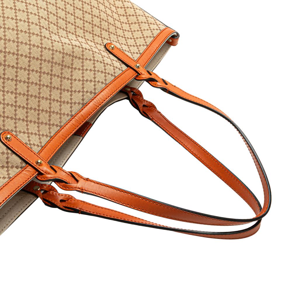 Gucci B Gucci Brown Beige with Orange Canvas Fabric Medium Diamante Craft Tote Italy